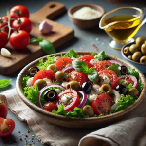 Een realistische foto van een Italiaanse salade met tomaten, olijven en knoflookdressing, geserveerd in een rustieke keramieken kom op een houten tafel. De salade bevat sappige cherrytomaten, gesneden zwarte en groene olijven, knapperige gemengde sla en dun gesneden rode ui. Een romige knoflookdressing glanst over de ingrediënten, afgemaakt met verse basilicumblaadjes en een snufje Parmezaanse kaas. In de achtergrond staan een houten snijplank met extra tomaten, een schaaltje olijven en een fles olijfolie, subtiel vervaagd voor een mediterrane sfeer.