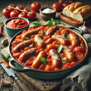 Een realistische foto van een Italiaanse worstschotel in rijke tomatensaus, geserveerd in een rustieke keramieken schaal op een doorleefde houten tafel. De goudbruine worsten sudderen in een diepe rode saus van rijpe tomaten, knoflook en verse kruiden. Plakjes paprika en ui voegen extra kleur en textuur toe. Een snufje geraspte Parmezaan en verse basilicumblaadjes maken het gerecht af. Op de achtergrond zijn een houten snijplank met extra worsten, een schaaltje tomatensaus en een stuk knapperig brood subtiel vervaagd.