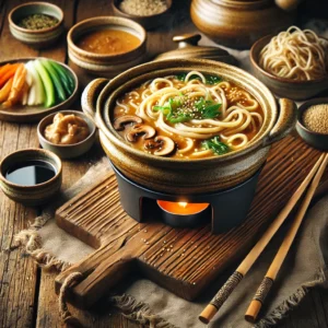 Japanse miso-udon fondue met een rijke, dampende misobouillon, geserveerd in een rustieke keramische fonduepot. Ernaast liggen udon-noedels, dun gesneden groenten en shiitake, met kleine schaaltjes sojasaus, wasabi en geroosterde sesamzaadjes. Houten eetstokjes rusten op de rand, klaar om in te dippen.