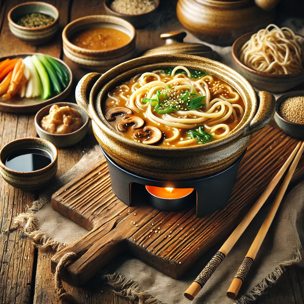 Japanse miso-udon fondue met een rijke, dampende misobouillon, geserveerd in een rustieke keramische fonduepot. Ernaast liggen udon-noedels, dun gesneden groenten en shiitake, met kleine schaaltjes sojasaus, wasabi en geroosterde sesamzaadjes. Houten eetstokjes rusten op de rand, klaar om in te dippen.