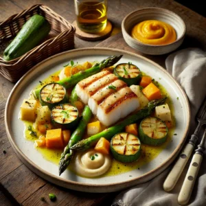 Een wit bord met kabeljauw in romige kerriesaus met stukjes ananas, geserveerd met aardappelpuree en gestoofde courgette, gegarneerd met verse bieslook, op een houten tafel met een glas witte wijn.
