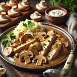 Een realistische foto van kalkoenreepjes in romige champignonsaus, geserveerd op een rustieke keramieken schaal. De malse kalkoenstukjes zijn omhuld met een fluweelzachte saus van verse champignons, room en kruiden. Het gerecht is gegarneerd met fijngehakte peterselie voor een frisse toets. Ernaast ligt een smeuïge portie aardappelpuree of pasta als perfecte aanvulling. Op de achtergrond staan een houten snijplank met verse champignons, een takje peterselie en een klein schaaltje room, subtiel vervaagd.