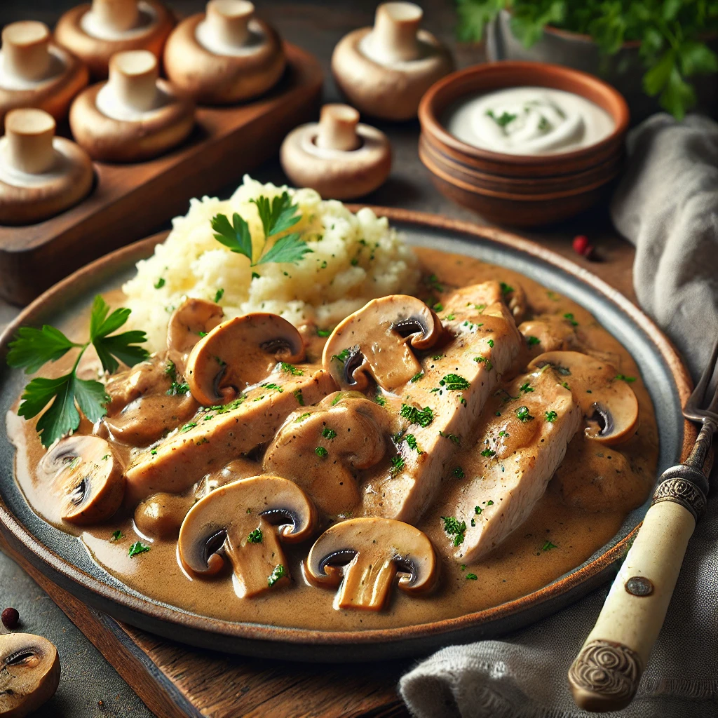 Een realistische foto van kalkoenreepjes in romige champignonsaus, geserveerd op een rustieke keramieken schaal. De malse kalkoenstukjes zijn omhuld met een fluweelzachte saus van verse champignons, room en kruiden. Het gerecht is gegarneerd met fijngehakte peterselie voor een frisse toets. Ernaast ligt een smeuïge portie aardappelpuree of pasta als perfecte aanvulling. Op de achtergrond staan een houten snijplank met verse champignons, een takje peterselie en een klein schaaltje room, subtiel vervaagd.