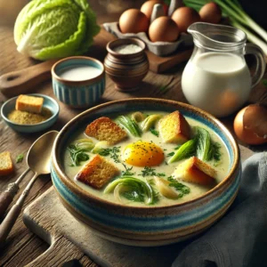 Een realistische foto van Kalmthoutse roomsoep, geserveerd in een keramieken kom op een doorleefde houten tafel. De fluweelzachte soep is gemaakt van verse sla, uien en rijke runderbouillon, gemengd tot een gladde, romige textuur. Een drizzle warme melk en eidooier zorgt voor een zijdezachte afwerking. Krokante, in olie geroosterde croutons drijven bovenop en voegen extra textuur toe. Een snufje verse kruiden maakt het gerecht af. Op de achtergrond ligt een houten snijplank met extra slablaadjes, een schaaltje melk en een rustiek brood, subtiel vervaagd.