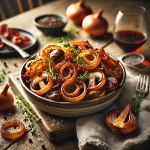 Karameliseerde sjalotten met knapperig spek en gebakken champignons, goudbruin en glanzend, geserveerd in een rustiek keramisch schaaltje. Gegarneerd met verse tijm en zwarte peper, sfeervol gepresenteerd op een houten tafel met natuurlijke belichting.