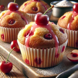 Een realistische foto van versgebakken kersenmuffins met een goudbruine korst, geplaatst in witte cupcakevormpjes op een houten ondergrond. De muffins bevatten zichtbare stukjes kers en zijn bedekt met een glanzend roze kersenglazuur. Bovenop elke muffin ligt een kersensnoepje. In de achtergrond liggen enkele verse kersen en een klein schaaltje poedersuiker, wat zorgt voor een huiselijke en uitnodigende sfeer.