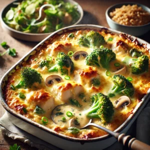 Een realistische foto van een romige kip-broccoli schotel in een rustieke witte ovenschaal. De goudbruine, licht knapperige bovenlaag met gesmolten kaas bubbelt langs de randen. Zachte stukjes kip, heldergroene broccoliroosjes en gebakken champignons zijn zichtbaar in de romige saus, gegarneerd met fijngehakte lente-ui. De schaal staat op een houten tafel met een opscheplepel erin. In de achtergrond zijn een kom notenrijst en een eenvoudige gemengde salade subtiel vervaagd voor een warme, huiselijke sfeer.