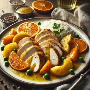 Een realistische foto van gebakken kipfilet met vers fruit, geserveerd op een rustiek wit bord. De goudbruine kip is in plakjes gesneden en overgoten met een romige kerriesaus. Sappige ananasstukjes en heldere sinaasappelschijfjes liggen rondom de kip voor een frisse smaak. Het gerecht is gegarneerd met zwarte peper en een takje verse koriander. Aan de zijkant ligt een kleine portie witte rijst met een mix van groene erwten en worteltjes. In de achtergrond zijn een vork, een linnen servet en een glas witte wijn subtiel vervaagd voor een gezellige eetsfeer.