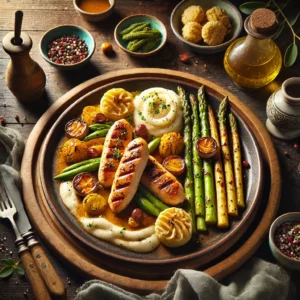 Een bord met Kipsaté Bahmi, inclusief gegrilde kipsaté, wokgebakken witte kool, mie noedels met banaan, geserveerd met pindasatésaus, seroendeng, en gebakken uitjes op een rustieke houten tafel.