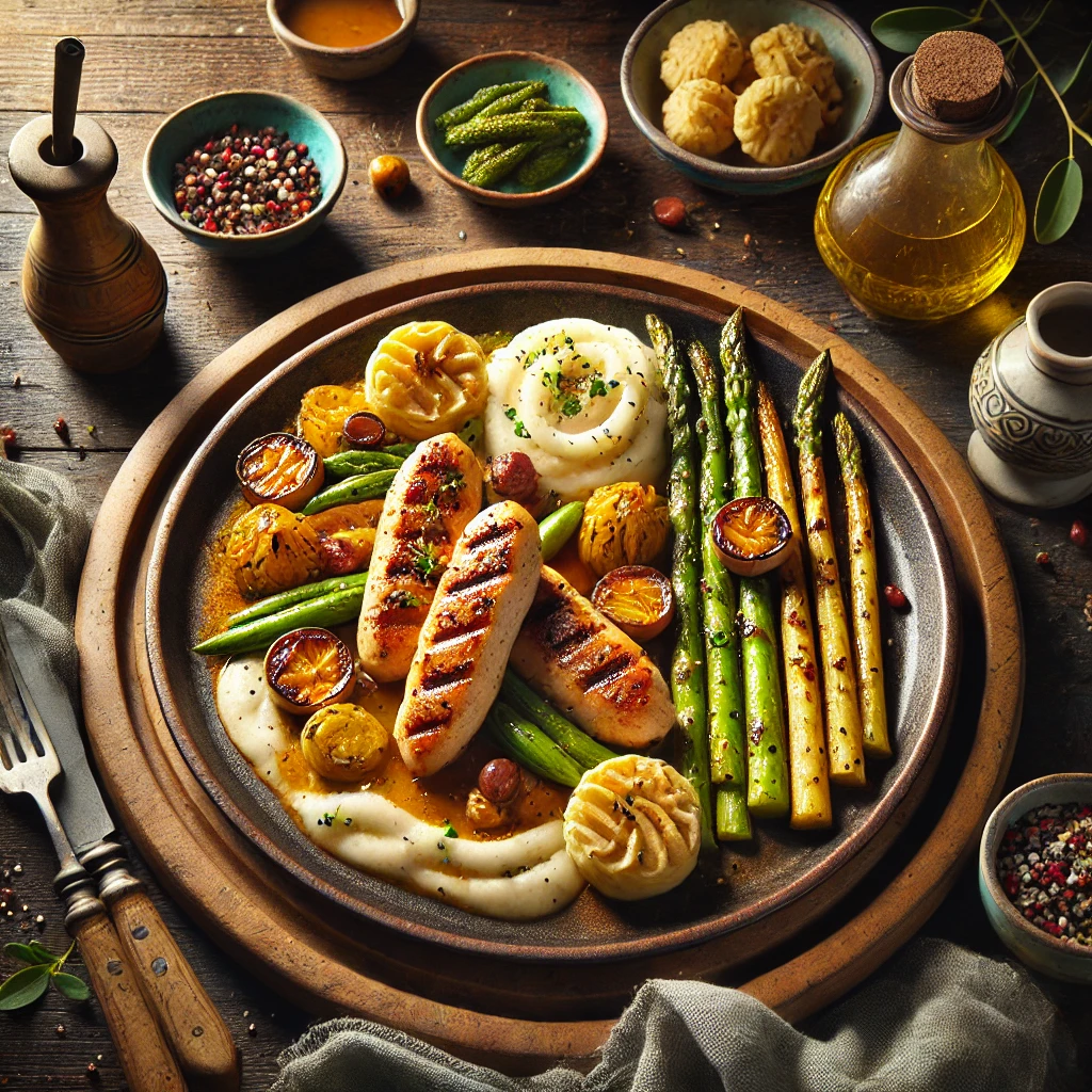Een bord met Kipsaté Bahmi, inclusief gegrilde kipsaté, wokgebakken witte kool, mie noedels met banaan, geserveerd met pindasatésaus, seroendeng, en gebakken uitjes op een rustieke houten tafel.