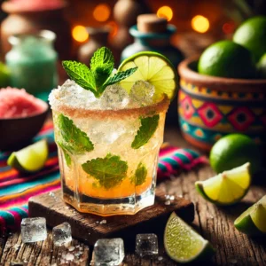 Een verfrissende Caipiroska cocktail, geserveerd in een laag glas op een rustieke houten tafel. De cocktail heeft een helder, ijskoud uiterlijk met vergruisd ijs, geplette limoenpartjes en zichtbare suikerkristallen. Het glas is gegarneerd met een verse limoenwig en een takje munt. De setting is sfeervol aangekleed met verspreide limoenschijfjes, ijsblokjes en subtiele sfeerverlichting. 🍹🍋✨