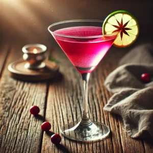 Klassieke Cosmopolitan cocktail, geserveerd in een martiniglas op een rustieke houten tafel, gegarneerd met een limoenschijfje en een sinaasappeltwist.
