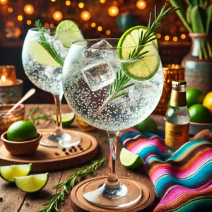 en klassieke Gin Tonic, geserveerd in een groot ballonglas op een rustieke houten tafel. De cocktail is helder, gevuld met ijsblokjes en sprankelende tonicbubbels. Het glas is gegarneerd met een schijfje limoen en een takje rozemarijn. De setting is aangekleed met verspreide limoenschijfjes, decoratieve patronen en sfeervolle verlichting. 🍸🍋✨