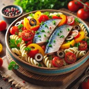 Een kleurrijke pastasalade met viergranenmacaroni, haringfilets, rode, gele en groene paprika, cherrytomaatjes en olijven. Overgoten met een romige tomatendressing en gegarneerd met verse peterselie. Geserveerd in een rustieke keramische schaal op een houten tafel met zachte, natuurlijke belichting.