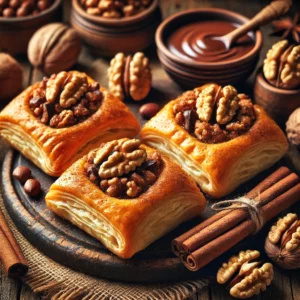 Knapperige bladerdeegpakketjes gevuld met een walnotenmengsel van suiker, chocolade, kaneel en kardemom, gegarneerd met een hele walnoot, geserveerd op een houten plank met decoratie van walnoten en een schaaltje gesmolten chocolade.