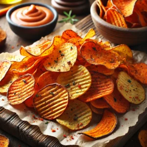 Een rustiek houten bord gevuld met knapperige groentechips, bestaande uit dunne plakjes wortel en zoete aardappel. De chips hebben een goudbruine kleur en zijn bestrooid met tacokruiden en cajunkruiden. Op de achtergrond ligt een schaaltje met extra kruiden en een klein kommetje dipsaus. De setting is warm en huiselijk, met een gezellige uitstraling.
