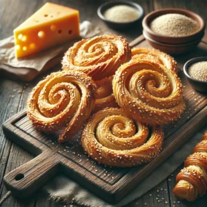 Een realistische foto van knapperige kaas-sesam spiralen, versgebakken en gepresenteerd op een rustieke houten schaal. De goudbruine bladerdeegtwists zijn bedekt met gesmolten kaas en geroosterde sesamzaadjes, wat zorgt voor een knapperige textuur. Enkele spiralen overlappen elkaar, waardoor de delicate, gelaagde structuur zichtbaar is. Op de achtergrond liggen een schaaltje sesamzaad en een stuk kaas op een houten snijplank, subtiel vervaagd voor een sfeervolle setting.