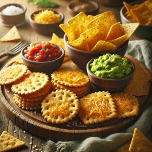 Een realistische foto van knapperige kaaskrakers, geserveerd met tortillachips op een rustieke houten plank. De goudbruine, krokante crackers zijn bedekt met gesmolten kaas en een vleugje grof zout. Een kom verse salsa en guacamole voegen levendige kleuren toe aan het geheel. De licht gezouten, knapperige tortillachips liggen nonchalant rond de kaascrackers. Op de achtergrond zijn een schaaltje geraspte kaas en wat verse kruiden subtiel vervaagd.
