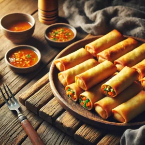 Een rustieke houten tafel met een bord vol versgebakken, knapperige oven-loempia’s, goudbruin van kleur en gevuld met groenten en vlees. Naast de loempia’s staat een schaaltje dipsaus, klaar om te serveren.