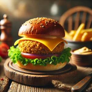 Knapperige notenburger met gesmolten cheddar, verse sla, tomaat en rode ui op een briochebroodje, geserveerd met frietjes en dipsaus op een rustieke houten tafel.