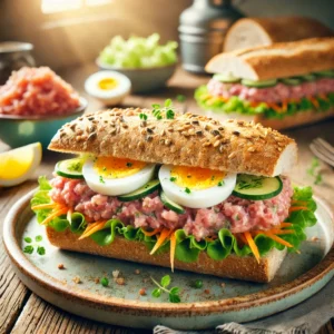 Gezonde tartaarbroodjes met plakjes hardgekookt ei, knapperige sla en wortelrauwkost, geserveerd op een rustiek houten tafel met zachte, natuurlijke belichting.