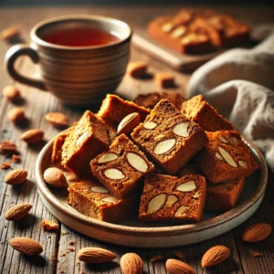 Knapperige dikke speculaasbrokken, gebroken in grove stukken met amandelen erop, geserveerd op een rustieke houten tafel met een kop warme thee op de achtergrond.