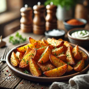 Goudbruine, knapperige aardappeltjes uit de oven, gekruid met paprika, knoflook en rozemarijn, geserveerd met verse peterselie en een romige dipsaus op een rustieke houten tafel.