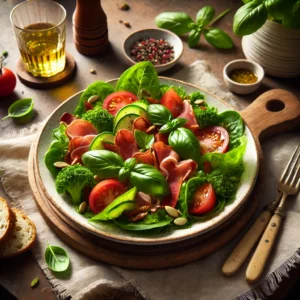 Een frisse maaltijdsalade met krokant gebakken spek, gekookte eipartjes, groene sla, partjes tomaat en basilicum, geserveerd op een wit bord met een linnen servet en een stokbrood op de achtergrond.