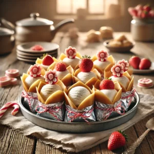 Knapzakken-dessert: pannenkoekjes gevuld met ijs, samengebonden met rode aardbeienveters en deels geopend in aluminiumfolie, geserveerd op een rustieke houten tafel.