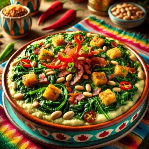 Knisperstamppot van knapperige bladspinazie met romige aardappelpuree, rode paprikablokjes, krokante spekreepjes, geroosterde pijnboompitten, kidneybonen en fetablokjes. Een kleurrijk en smaakvol gerecht, prachtig gepresenteerd.