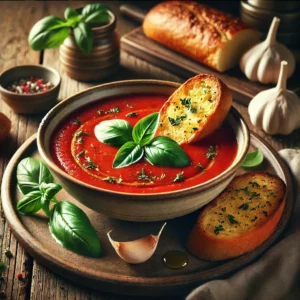 Dieprode tomaten-basilicumsoep, gegarneerd met verse basilicum, geserveerd met knapperig geroosterd knoflookbrood. Opgediend op een rustieke houten tafel met warme, natuurlijke belichting.