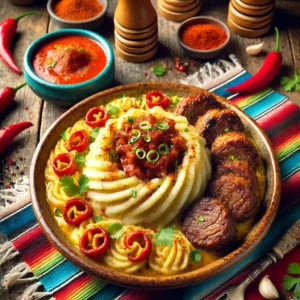 Knoflookstamppot met romige aardappelpuree, geroosterde knoflook en lente-ui, geserveerd met malse shoarmareepjes en een zijdezachte paprikasaus van rode paprika en bouillon. Een smaakvolle en kleurrijke maaltijd.
