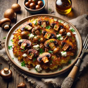 Een rustieke houten tafel met een bord knapperige knolselderijrösti, belegd met gebakken kastanjechampignons en verkruimelde geitenkaas, gegarneerd met verse kruiden.