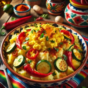 Knolselderijstamppot met romige aardappelpuree, knolselderij, rode paprika, courgette en een topping van goudgeel roerei. Een smaakvol en kleurrijk gerecht, afgemaakt met verse kruiden.