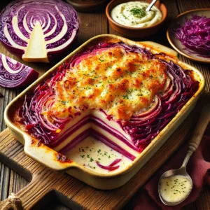 Een rustieke houten tafel met een prachtig gebakken koolraap-rode kool gratin in een keramische ovenschaal. De lagen van dun gesneden koolraap en rode kool zijn overgoten met romige bechamelsaus en bedekt met een goudbruine kaaskorst. Op de tafel liggen een houten snijplank met extra plakjes koolraap en rode kool, en een klein kommetje extra bechamelsaus.