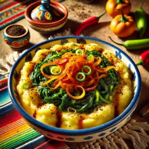 Koolraapstamppot met veldsla en shoarmavlees, een romige puree van aardappelen en koolraap, gemengd met veldsla, bosui en sappig gebakken shoarmavlees. Het gerecht is verrijkt met gezeefde tomaat en bouillon, en smaakvol gekruid met peper en zout. Een kleurrijke en hartige maaltijd.