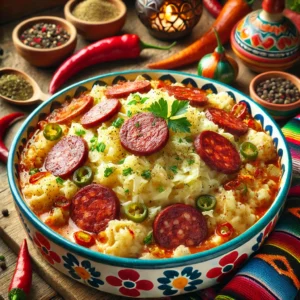 Koolstamppot met witte kool, aardappelpuree, Provençaalse kruiden en gebakken ui, gegarneerd met knapperige stukjes chorizo en sappige plakken rookworst. Een hartige en smaakvolle maaltijd, perfect voor koude dagen.