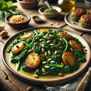 Geroerbakte spinazie met knoflook en citroen, bestrooid met geroosterde pijnboompitten. Geserveerd met goudbruine aardappelschijfjes, vegetarische burgers en fijngesneden zongedroogde tomaten op een rustieke houten tafel met zachte, natuurlijke belichting.