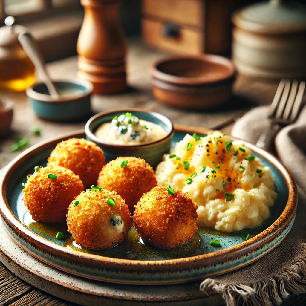 Krokante Danish Blue kaas kroketten met romige aardappelpuree, gegarneerd met verse bieslook en geserveerd met een dipsaus op een rustieke houten tafel.