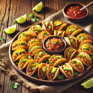 Een rustieke houten tafel met een schaal vol krokante mini-taco bites gemaakt van goudbruin filodeeg, gevuld met gekruid vlees, kaas en verse toppings zoals tomaat, avocado en koriander. Ernaast staan een kommetje salsa en een limoenpartje voor extra smaak.