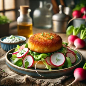 Goudbruin gebakken surimiburgers met een frisse radijssalade, geserveerd met een lichte citrusdressing en een romige kruidendip op een rustieke houten tafel.