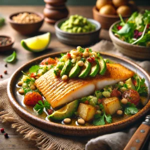 Goudbruin gegrilde tilapiafilet met een frisse avocadosalsa van avocado, tomaat, pijnboompitten en koriander. Geserveerd met knapperige gebakken aardappelen en een groene salade op een rustieke houten tafel met zachte, natuurlijke belichting.