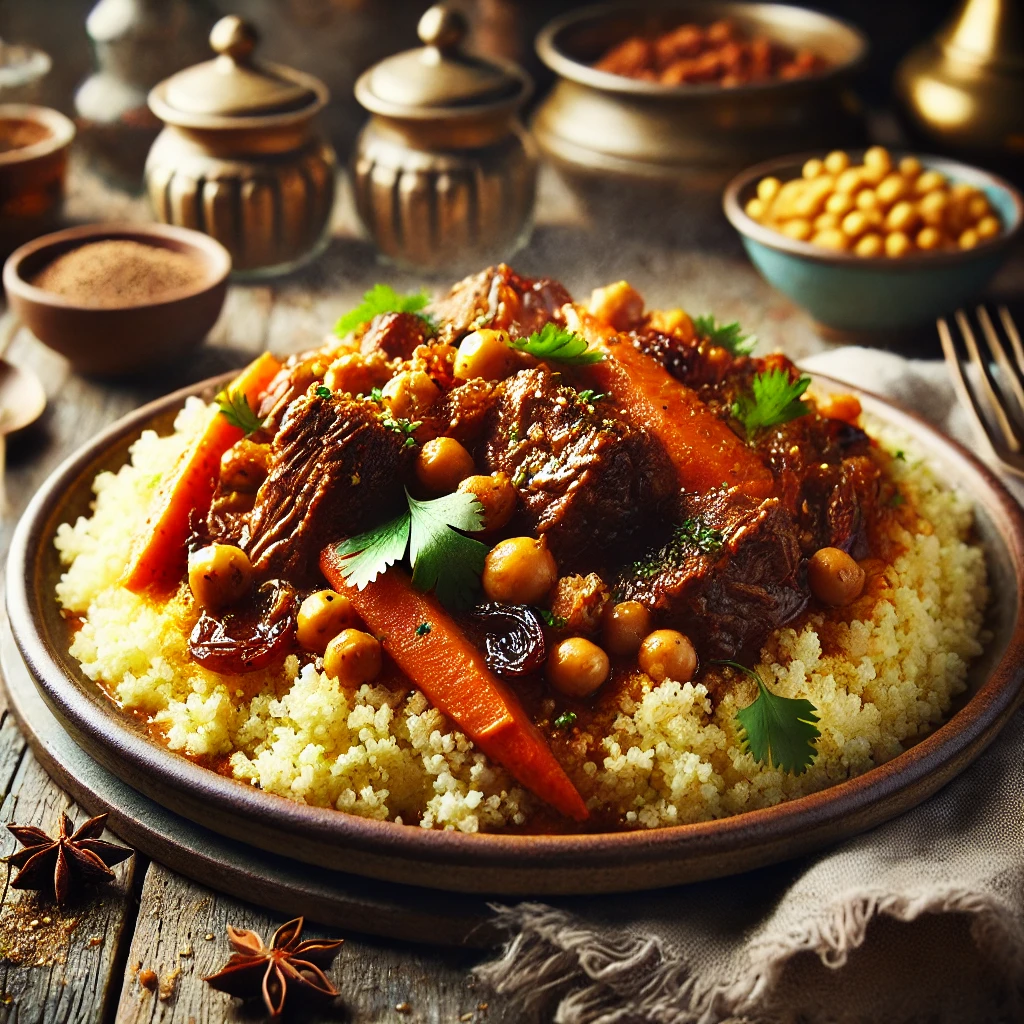 Kruidige couscous met langzaam gegaard stoofvlees, wortels, kikkererwten en rozijnen, gegarneerd met amandelen en verse koriander, geserveerd op een rustieke houten tafel.