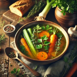 Kruidige groentebouillon in een keramische kom, gevuld met een rijke, gouden bouillon, schijfjes wortel, selderij en prei, gegarneerd met verse peterselie en tijm, geserveerd op een rustieke houten tafel met brood en kruiden.