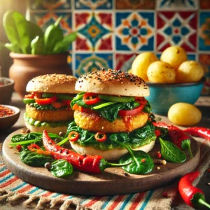 Kruidige Groenteburgers met Pittige Peperspinazie en Gekookte Aardappels