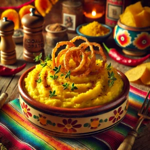 Kruidige koolraapstamppot met een romige puree van koolraap en aardappelen, op smaak gebracht met nasi kruidenmix en verse tijm, en gegarneerd met knapperige gefruite uitjes. Geserveerd in een kleurrijke schaal voor een smaakvolle maaltijd.
