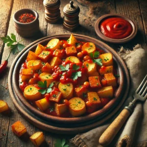 Een rustieke houten tafel met een prachtig gepresenteerd bord Spaanse Patatas Bravas, gegarneerd met knapperige Gandaham en een unieke Red Bull saus. De goudbruine aardappelblokjes zijn bedekt met een rijke, pittige tomatensaus en afgemaakt met verse peterselie.