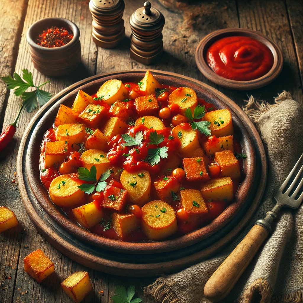 Een rustieke houten tafel met een prachtig gepresenteerd bord Spaanse Patatas Bravas, gegarneerd met knapperige Gandaham en een unieke Red Bull saus. De goudbruine aardappelblokjes zijn bedekt met een rijke, pittige tomatensaus en afgemaakt met verse peterselie.