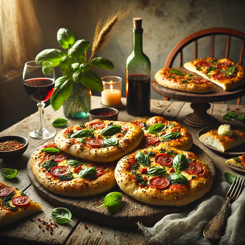 Goudbruin gebakken kruidige pizza breekbroodjes, gevuld met een kwarkmengsel van basilicum, peterselie en knoflook, geserveerd op een houten plank met een schaaltje kwarkdip, verse kruiden en een glas rode wijn op d