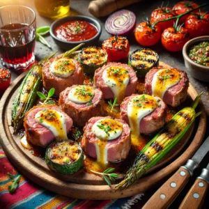 Een levendige en smakelijke presentatie van lamsmedaillons met mozzarella vulling, gegrild op de barbecue. De goudbruine medaillons zijn gevuld met gesmolten mozzarella en gegarneerd met verse kruiden. Ze zijn gerangschikt op een rustieke houten plank met een bijgerecht van gegrilde groenten en een dipsaus. De setting bevat een kleurrijk tafelkleed, een glas rode wijn en barbecuetools, verlicht door helder natuurlijk licht om de rokerige en sappige uitstraling te benadrukken.